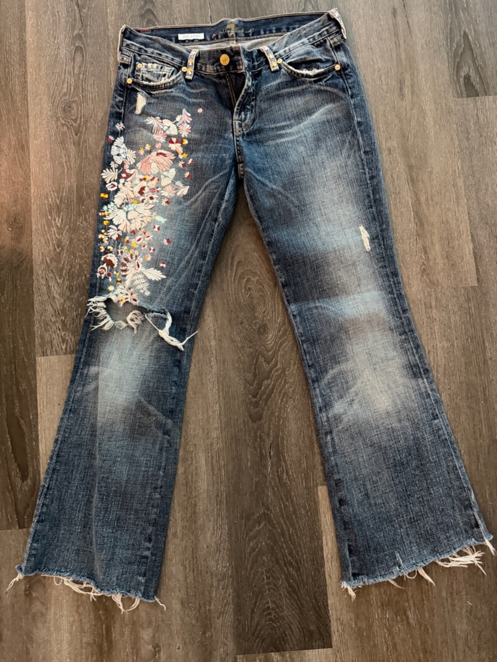 Zac Posen 7 For All Mankind Embroidered Bootcut Jeans Distressed Floral 29